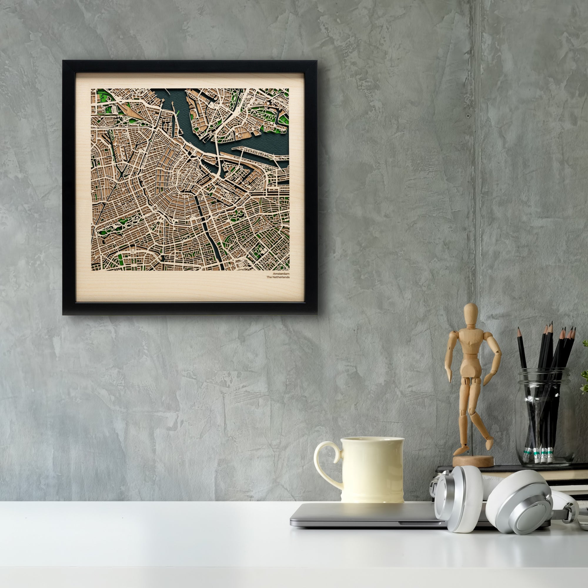 Amsterdam City Artwork – 325x325mm Wooden Map – MAPLAB